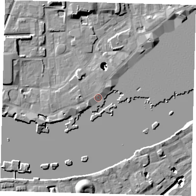 Shaded relief map of the ground around E1W2NL, computed from Environment Agency LiDAR. The ground here sits at about 4 m above sea level and falls 22 m across the surrounding 800 m. Surface water reaching this point runs off ground lying to the north, 1.5 m higher.
