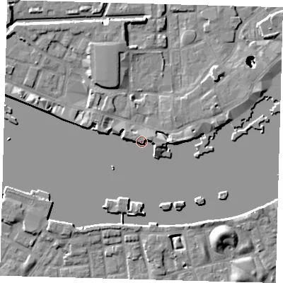 Shaded relief map of the ground around E1W2NP, computed from Environment Agency LiDAR. The ground here sits at about 5 m above sea level and falls 22 m across the surrounding 800 m. Surface water reaching this point runs off ground lying to the east-north-east, 4.2 m higher.