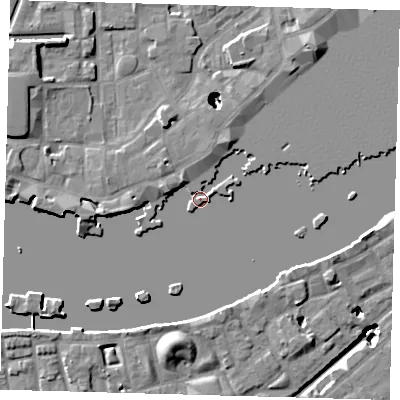 Shaded relief map of the ground around E1W2NR, computed from Environment Agency LiDAR. The ground here sits at about 3 m above sea level and falls 22 m across the surrounding 800 m. Surface water reaching this point runs off ground lying to the north-east, 4.2 m higher.