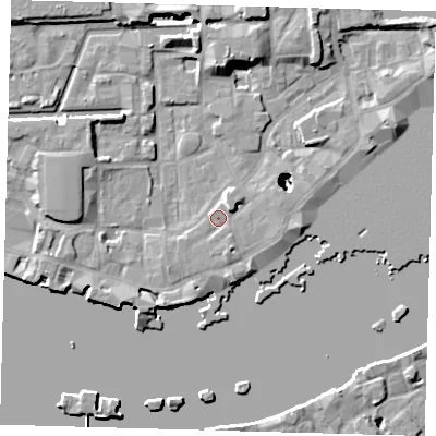 Shaded relief map of the ground around E1W2NU, computed from Environment Agency LiDAR. The ground here sits at about 4 m above sea level and falls 22 m across the surrounding 800 m. Surface water reaching this point runs off ground lying to the north-east, 2.6 m higher.