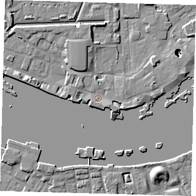 Shaded relief map of the ground around E1W2NW, computed from Environment Agency LiDAR. The ground here sits at about 4 m above sea level and falls 22 m across the surrounding 800 m. Surface water reaching this point runs off ground lying to the south-east, 4.1 m higher.