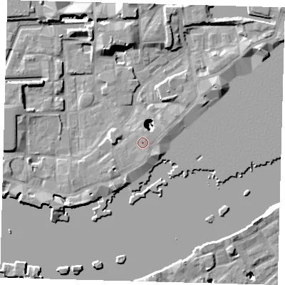 Shaded relief map of the ground around E1W2NX, computed from Environment Agency LiDAR. The ground here sits at about 4 m above sea level and falls 22 m across the surrounding 800 m. Surface water reaching this point runs off ground lying to the north-north-west, 0.9 m higher.