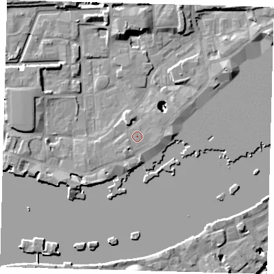 Shaded relief map of the ground around E1W2PB, computed from Environment Agency LiDAR. The ground here sits at about 4 m above sea level and falls 22 m across the surrounding 800 m. The ground contributing surface water to this point lies to the south-south-west.
