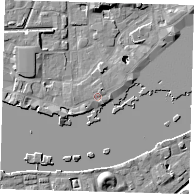 Shaded relief map of the ground around E1W2PD, computed from Environment Agency LiDAR. The ground here sits at about 4 m above sea level and falls 22 m across the surrounding 800 m. Surface water reaching this point runs off ground lying to the south-south-east, 1.3 m higher.