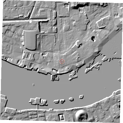 Shaded relief map of the ground around E1W2PE, computed from Environment Agency LiDAR. The ground here sits at about 5 m above sea level and falls 22 m across the surrounding 800 m. Surface water reaching this point runs off ground lying to the south-west, 0.6 m higher.