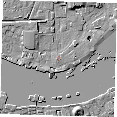 Shaded relief map of the ground around E1W2PF, computed from Environment Agency LiDAR. The ground here sits at about 4 m above sea level and falls 22 m across the surrounding 800 m. Surface water reaching this point runs off ground lying to the south-south-west, 0.7 m higher.