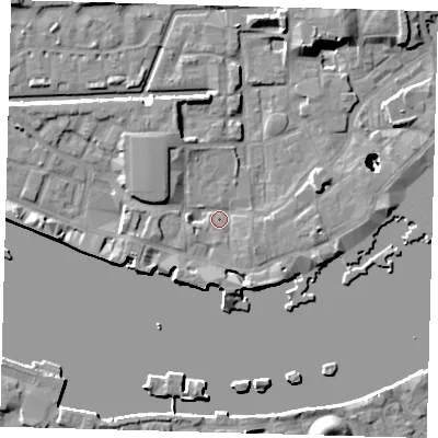 Shaded relief map of the ground around E1W2PH, computed from Environment Agency LiDAR. The ground here sits at about 4 m above sea level and falls 22 m across the surrounding 800 m. Surface water reaching this point runs off ground lying to the west-north-west, 4.5 m higher.