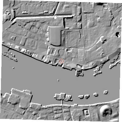 Shaded relief map of the ground around E1W2PJ, computed from Environment Agency LiDAR. The ground here sits at about 4 m above sea level and falls 22 m across the surrounding 800 m. Surface water reaching this point runs off ground lying to the west-north-west, 7.1 m higher.