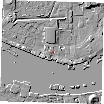 Shaded relief map of the ground around E1W2PL, computed from Environment Agency LiDAR. The ground here sits at about 5 m above sea level and falls 17 m across the surrounding 800 m. Surface water reaching this point runs off ground lying to the west-south-west, 1.4 m higher.