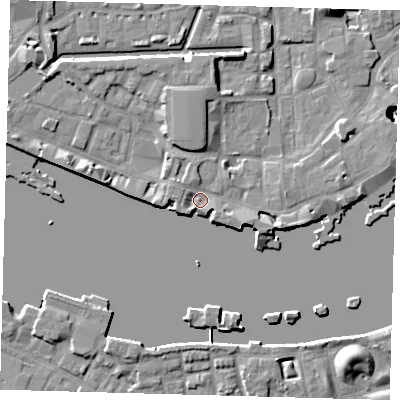 Shaded relief map of the ground around E1W2PN, computed from Environment Agency LiDAR. The ground here sits at about 4 m above sea level and falls 22 m across the surrounding 800 m. Surface water reaching this point runs off ground lying to the west-north-west, 1.5 m higher.