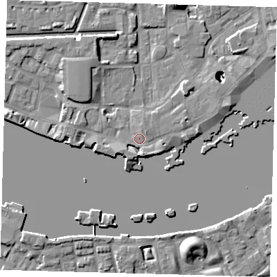 Shaded relief map of the ground around E1W2PP, computed from Environment Agency LiDAR. The ground here sits at about 4 m above sea level and falls 22 m across the surrounding 800 m. Surface water reaching this point runs off ground lying to the north-east, 1.0 m higher.