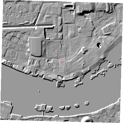 Shaded relief map of the ground around E1W2PQ, computed from Environment Agency LiDAR. The ground here sits at about 4 m above sea level and falls 22 m across the surrounding 800 m. Surface water reaching this point runs off ground lying to the south-south-west, 4.1 m higher.