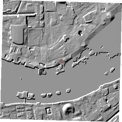 Shaded relief map of the ground around E1W2PR, computed from Environment Agency LiDAR. The ground here sits at about 4 m above sea level and falls 22 m across the surrounding 800 m. Surface water reaching this point runs off ground lying to the west-south-west, 2.7 m higher.