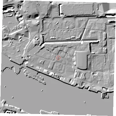 Shaded relief map of the ground around E1W2PT, computed from Environment Agency LiDAR. The ground here sits at about 5 m above sea level and falls 10 m across the surrounding 800 m. Surface water reaching this point runs off ground lying to the south-west, 3.9 m higher.