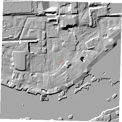Shaded relief map of the ground around E1W2PU, computed from Environment Agency LiDAR. The ground here sits at about 3 m above sea level and falls 22 m across the surrounding 800 m. Surface water reaching this point runs off ground lying to the east-south-east, 3.2 m higher.
