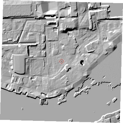 Shaded relief map of the ground around E1W2PX, computed from Environment Agency LiDAR. The ground here sits at about 3 m above sea level and falls 22 m across the surrounding 800 m. Surface water reaching this point runs off ground lying to the south-east, 3.2 m higher.
