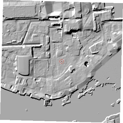 Shaded relief map of the ground around E1W2PY, computed from Environment Agency LiDAR. The ground here sits at about 3 m above sea level and falls 22 m across the surrounding 800 m. The ground contributing surface water to this point lies to the east.