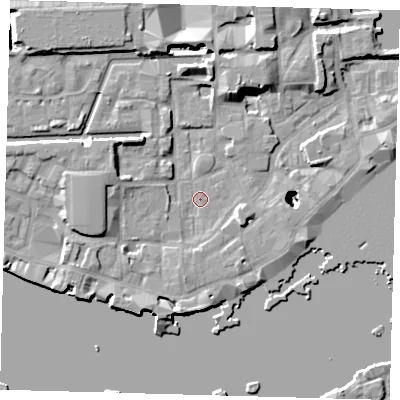 Shaded relief map of the ground around E1W2PZ, computed from Environment Agency LiDAR. The ground here sits at about 3 m above sea level and falls 22 m across the surrounding 800 m. Surface water reaching this point runs off ground lying to the west, 5.0 m higher.
