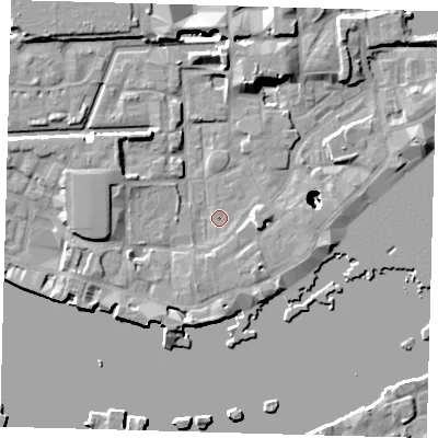 Shaded relief map of the ground around E1W2QA, computed from Environment Agency LiDAR. The ground here sits at about 3 m above sea level and falls 22 m across the surrounding 800 m. Surface water reaching this point runs off ground lying to the south-south-west, 2.5 m higher.