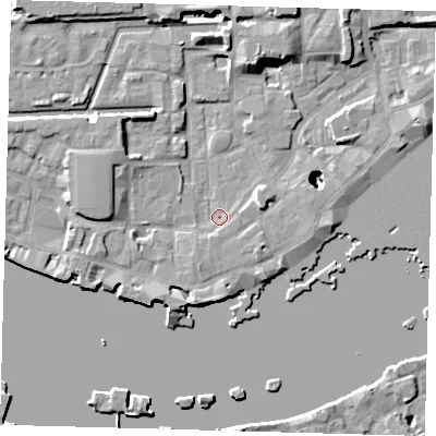 Shaded relief map of the ground around E1W2QB, computed from Environment Agency LiDAR. The ground here sits at about 3 m above sea level and falls 22 m across the surrounding 800 m. Surface water reaching this point runs off ground lying to the south-south-west, 2.3 m higher.