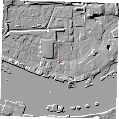 Shaded relief map of the ground around E1W2QD, computed from Environment Agency LiDAR. The ground here sits at about 3 m above sea level and falls 22 m across the surrounding 800 m. Surface water reaching this point runs off ground lying to the north-west, 4.2 m higher.
