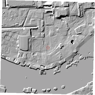 Shaded relief map of the ground around E1W2QE, computed from Environment Agency LiDAR. The ground here sits at about 3 m above sea level and falls 22 m across the surrounding 800 m. Surface water reaching this point runs off ground lying to the west, 5.0 m higher.