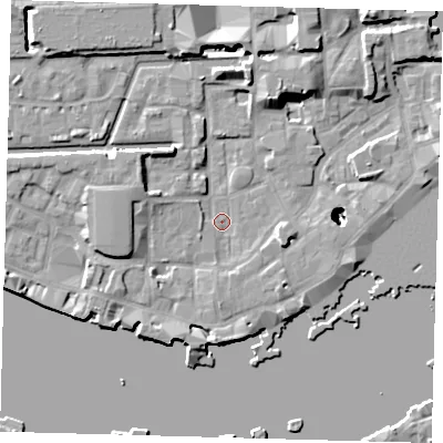 Shaded relief map of the ground around E1W2QF, computed from Environment Agency LiDAR. The ground here sits at about 3 m above sea level and falls 22 m across the surrounding 800 m. Surface water reaching this point runs off ground lying to the west, 5.0 m higher.