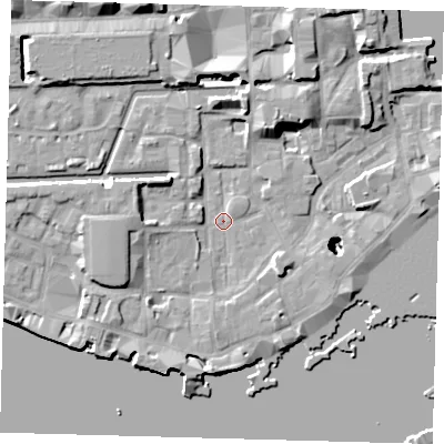 Shaded relief map of the ground around E1W2QG, computed from Environment Agency LiDAR. The ground here sits at about 3 m above sea level and falls 24 m across the surrounding 800 m. Surface water reaching this point runs off ground lying to the west-south-west, 5.0 m higher.