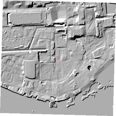 Shaded relief map of the ground around E1W2QH, computed from Environment Agency LiDAR. The ground here sits at about 3 m above sea level and falls 24 m across the surrounding 800 m. Surface water reaching this point runs off ground lying to the west, 4.4 m higher.