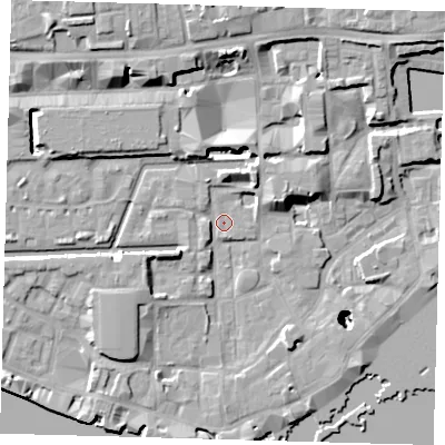 Shaded relief map of the ground around E1W2QJ, computed from Environment Agency LiDAR. The ground here sits at about 3 m above sea level and falls 26 m across the surrounding 800 m. Surface water reaching this point runs off ground lying to the east-north-east, 5.6 m higher.
