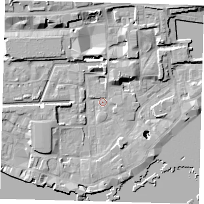 Shaded relief map of the ground around E1W2QL, computed from Environment Agency LiDAR. The ground here sits at about 3 m above sea level and falls 25 m across the surrounding 800 m. Surface water reaching this point runs off ground lying to the north-north-east, 5.6 m higher.