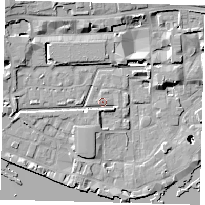 Shaded relief map of the ground around E1W2QN, computed from Environment Agency LiDAR. The ground here sits at about 4 m above sea level and falls 26 m across the surrounding 800 m. Surface water reaching this point runs off ground lying to the south-south-east, 4.8 m higher.