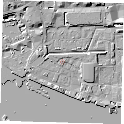 Shaded relief map of the ground around E1W2QP, computed from Environment Agency LiDAR. The ground here sits at about 5 m above sea level and falls 10 m across the surrounding 800 m. Surface water reaching this point runs off ground lying to the north, 1.5 m higher.