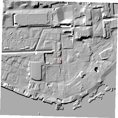 Shaded relief map of the ground around E1W2QQ, computed from Environment Agency LiDAR. The ground here sits at about 4 m above sea level and falls 24 m across the surrounding 800 m. Surface water reaching this point runs off ground lying to the north-west, 4.7 m higher.