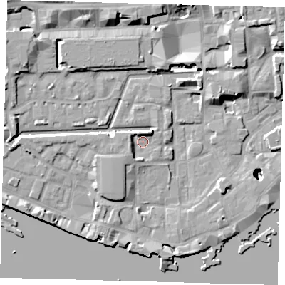 Shaded relief map of the ground around E1W2QR, computed from Environment Agency LiDAR. The ground here sits at about 4 m above sea level and falls 24 m across the surrounding 800 m. Surface water reaching this point runs off ground lying to the north-north-east, 3.2 m higher.
