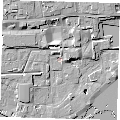 Shaded relief map of the ground around E1W2QS, computed from Environment Agency LiDAR. The ground here sits at about 2 m above sea level and falls 26 m across the surrounding 800 m. Surface water reaching this point runs off ground lying to the east-north-east, 5.6 m higher.