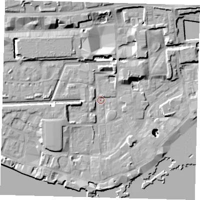 Shaded relief map of the ground around E1W2QT, computed from Environment Agency LiDAR. The ground here sits at about 2 m above sea level and falls 26 m across the surrounding 800 m. Surface water reaching this point runs off ground lying to the north-east, 5.6 m higher.