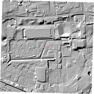 Shaded relief map of the ground around E1W2QW, computed from Environment Agency LiDAR. The ground here sits at about 4 m above sea level and falls 27 m across the surrounding 800 m. Surface water reaching this point runs off ground lying to the south-south-east, 4.8 m higher.