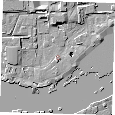 Shaded relief map of the ground around E1W2RF, computed from Environment Agency LiDAR. The ground here sits at about 5 m above sea level and falls 22 m across the surrounding 800 m. Surface water reaching this point runs off ground lying to the south-south-east, 19.3 m higher.