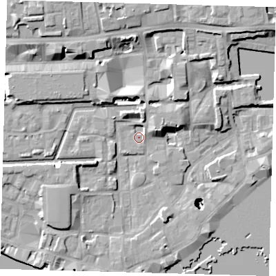 Shaded relief map of the ground around E1W2RJ, computed from Environment Agency LiDAR. The ground here sits at about 3 m above sea level and falls 26 m across the surrounding 800 m. Surface water reaching this point runs off ground lying to the north-north-east, 3.3 m higher.