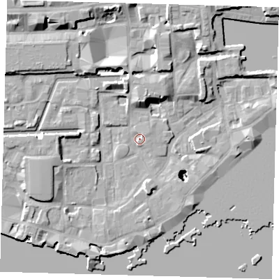Shaded relief map of the ground around E1W2RN, computed from Environment Agency LiDAR. The ground here sits at about 3 m above sea level and falls 24 m across the surrounding 800 m. Surface water reaching this point runs off ground lying to the north, 6.1 m higher.