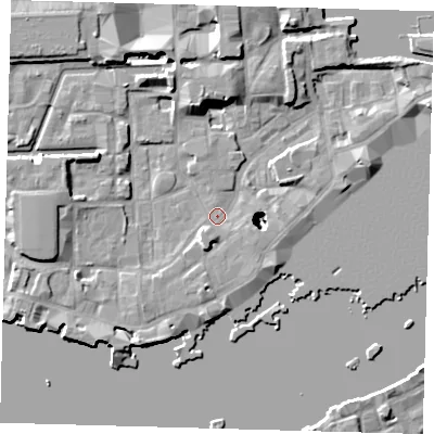 Shaded relief map of the ground around E1W2RP, computed from Environment Agency LiDAR. The ground here sits at about 3 m above sea level and falls 22 m across the surrounding 800 m. Surface water reaching this point runs off ground lying to the south-west, 3.6 m higher.