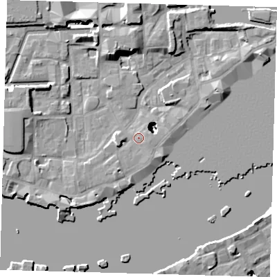 Shaded relief map of the ground around E1W2RR, computed from Environment Agency LiDAR. The ground here sits at about 4 m above sea level and falls 22 m across the surrounding 800 m. Surface water reaching this point runs off ground lying to the west, 19.3 m higher.