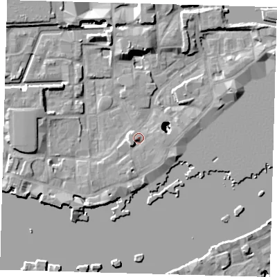 Shaded relief map of the ground around E1W2RT, computed from Environment Agency LiDAR. The ground here sits at about 4 m above sea level and falls 22 m across the surrounding 800 m. Surface water reaching this point runs off ground lying to the west-south-west, 19.3 m higher.