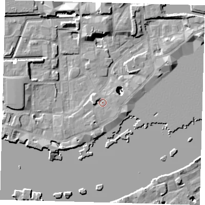 Shaded relief map of the ground around E1W2RU, computed from Environment Agency LiDAR. The ground here sits at about 4 m above sea level and falls 22 m across the surrounding 800 m. Surface water reaching this point runs off ground lying to the west-north-west, 19.3 m higher.