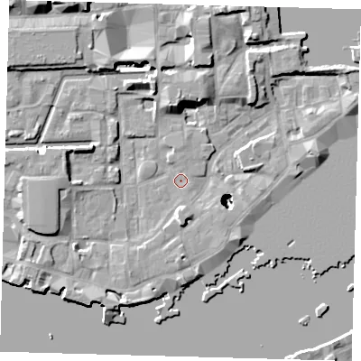 Shaded relief map of the ground around E1W2RW, computed from Environment Agency LiDAR. The ground here sits at about 3 m above sea level and falls 24 m across the surrounding 800 m. Surface water reaching this point runs off ground lying to the south-west, 4.1 m higher.
