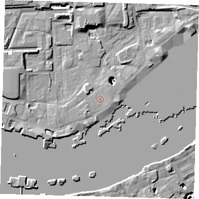 Shaded relief map of the ground around E1W2RX, computed from Environment Agency LiDAR. The ground here sits at about 4 m above sea level and falls 22 m across the surrounding 800 m. Surface water reaching this point runs off ground lying to the north-east, 0.9 m higher.