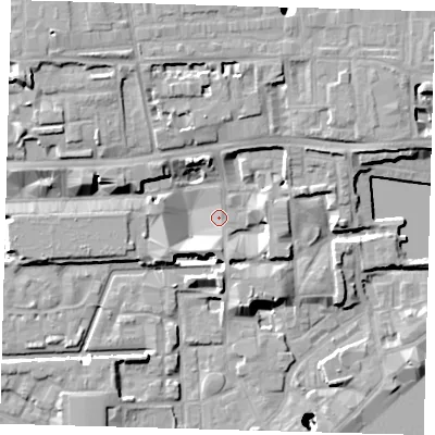 Shaded relief map of the ground around E1W2SW, computed from Environment Agency LiDAR. The ground here sits at about 5 m above sea level and falls 28 m across the surrounding 800 m. Surface water reaching this point runs off ground lying to the north-north-east, 6.2 m higher.