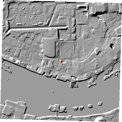 Shaded relief map of the ground around E1W2UP, computed from Environment Agency LiDAR. The ground here sits at about 4 m above sea level and falls 22 m across the surrounding 800 m. Surface water reaching this point runs off ground lying to the north-west, 4.2 m higher.