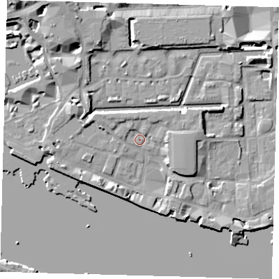 Shaded relief map of the ground around E1W2UX, computed from Environment Agency LiDAR. The ground here sits at about 5 m above sea level and falls 10 m across the surrounding 800 m. Surface water reaching this point runs off ground lying to the south-west, 4.8 m higher.